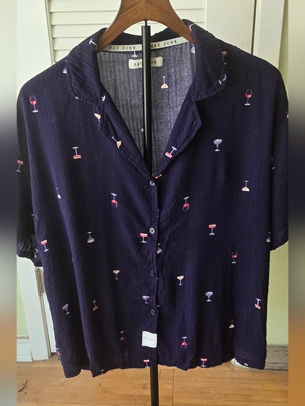 Rae Dunn Wine Glass Print Relaxed Button Up Blouse XL Resort Coastal